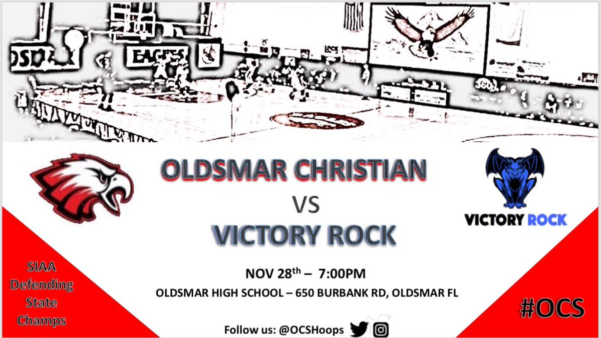 OCSHoops's tweet photo. Please join us tomorrow as we host the defending @thegrindsession Natl’ Champ and @siaa_fl Contender @VRockBasketball @7pm in the O. #OCS #eliteHS 🔴⚫️🦅 https://t.co/Bb3YOIMYr2