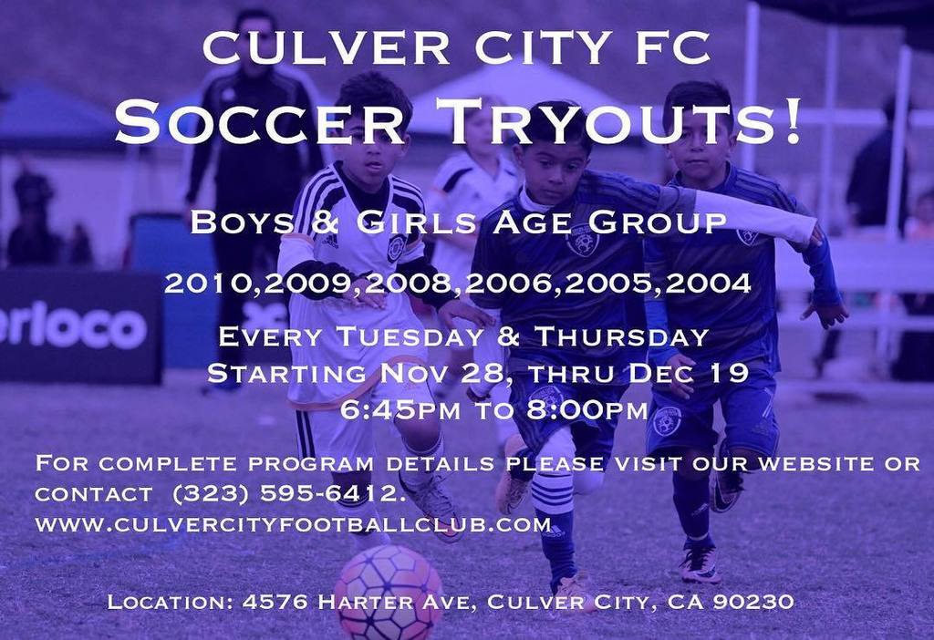 CulverCityFC's tweet photo. Culver City FC is holding soccer tryouts every Tuesday &amp; Thursday starting Nov 28, thru Dec 19, for boys &amp; girls born in the following years 2010, 2009, 2008, 2006, 2005, and 2004. For complete program details please visit our website or contact (323) 59… https://t.co/MyJu43Yxcu https://t.co/K8uzORRpTP