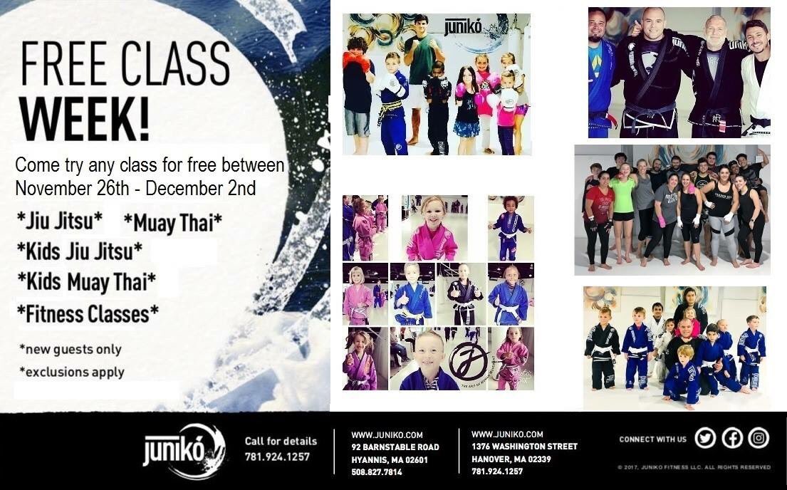 JunikoHyannis's tweet photo. ONE WEEK OF FREE CLASSES!
Come and see what's NEW at Juniko and try any of our exciting class formats FREE for one week, 11/26-12/2! 
BJJ Adults, Teens &amp; Kids 
Muay Thai Fitness Adults &amp; Kids
Boot Camps more! 
For more information call 508-827-7814!
*exclusions apply #juniko https://t.co/Z8z6G57XDJ