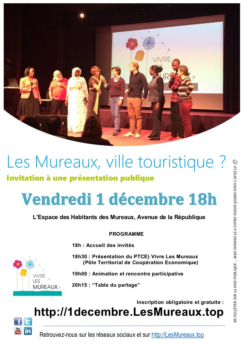 MureauxTourisme's tweet photo. @Les_Mureaux Ville Touristique ? 1 rencontre interactive pour découvrir le projet
1 décembre 18h Une soirée qui vous fera voir votre ville autrement ! Inscrivez vous sur https://t.co/il4WOBtHxg https://t.co/Dep9AKzYNR