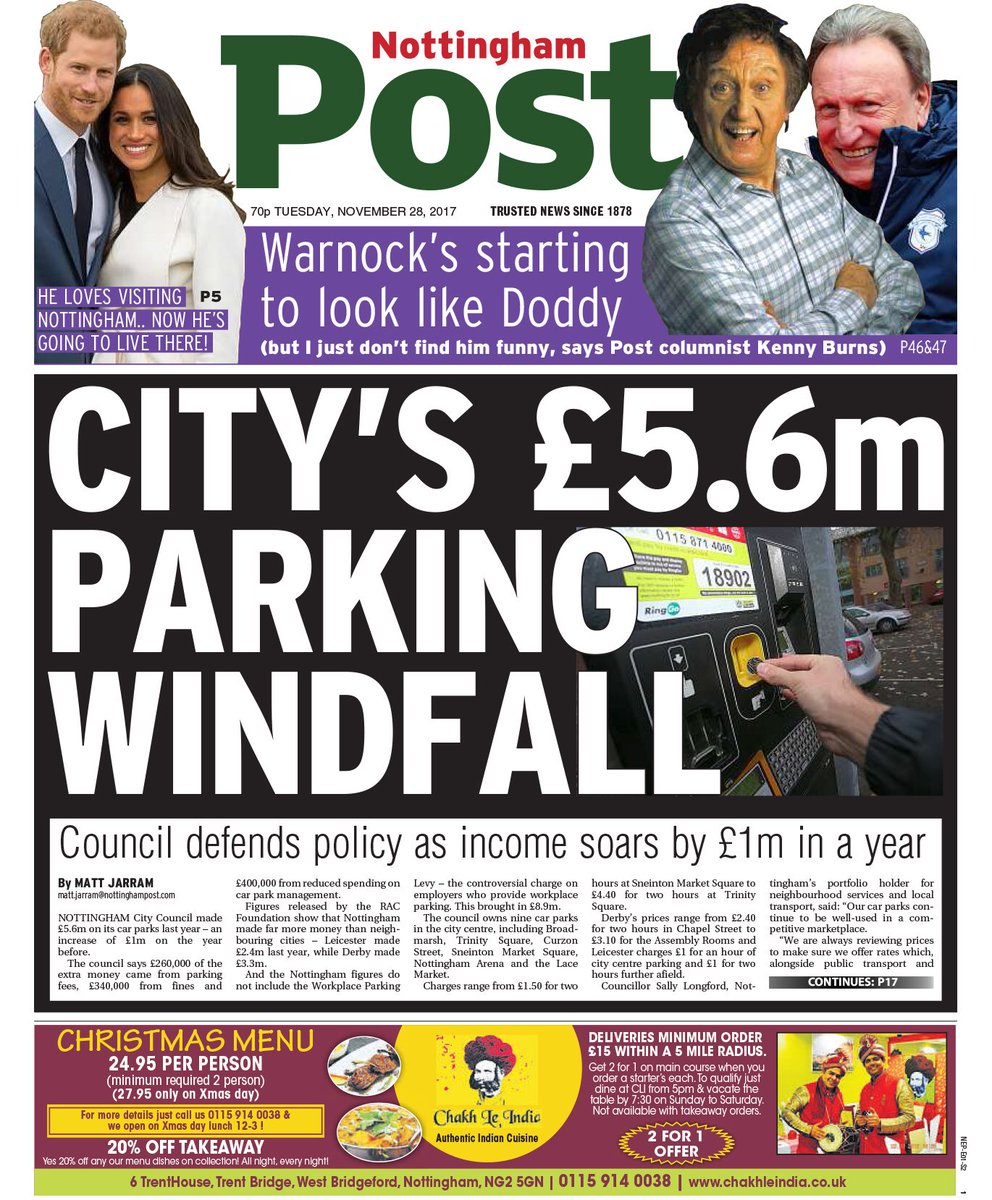 MikeSassi's tweet photo. Council’s car park millions. Warnock’s Doddy impression. And a Royal Couple who will live in Nottingham (Cottage). #Nottingham https://t.co/oLqRzVcrNO