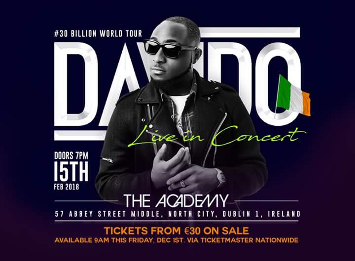 MrTEntezIreland's tweet photo. DAVIDO live in Dublin. Feb 15th 2018. Tickets on sale this Friday (Dec 1st) via TicketMaster Nationwide. @DJAHMEDIRELAND https://t.co/mjQHBjZInA