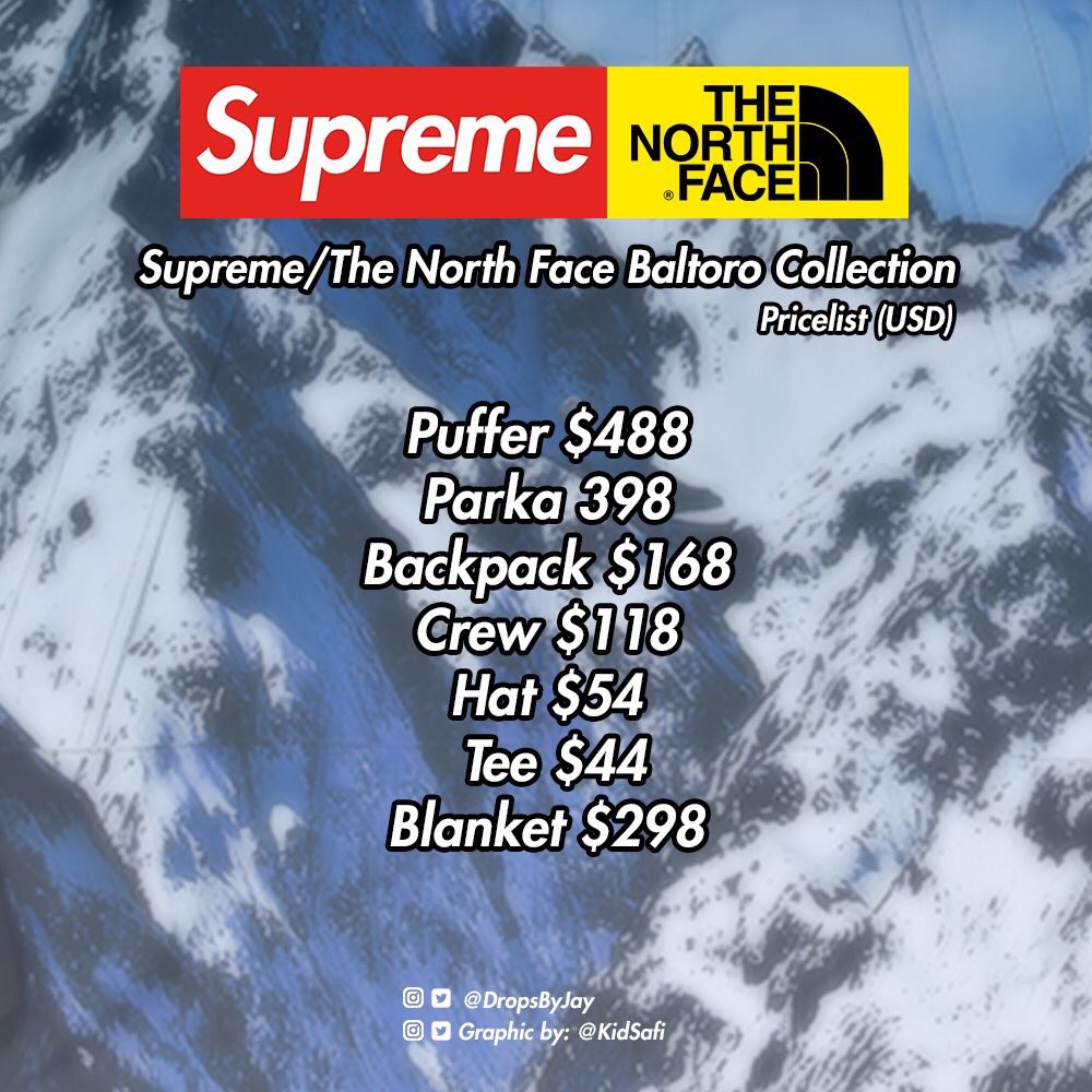 DropsByJay's tweet photo. Supreme/The North Face Estimated Retails 🏔 https://t.co/GeCh3bLYCD