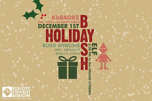 UCMElliottUnion's tweet photo. Holiday Bash: Elf, Karaoke, and Bowling.  The perfect break from studying for finals.  #ESUHolidayBash https://t.co/xBb3Oxlqlt