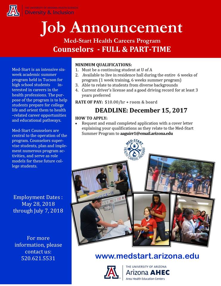 Are you looking for summer employment? Do you enjoy mentoring High School Students? Are you hungry to share your knowledge? Become a counselor for the Med-Start Health Careers Summer Program!