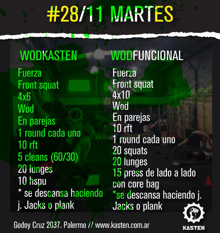 KastenTraining's tweet photo. 👬:: WOD :: 👭MARTES 28 DE NOVIEMBRE :::👫
#Kasten #Wod #PalermoSoho #Entrenar #Argentina #BsAs https://t.co/JDQeFe8djV