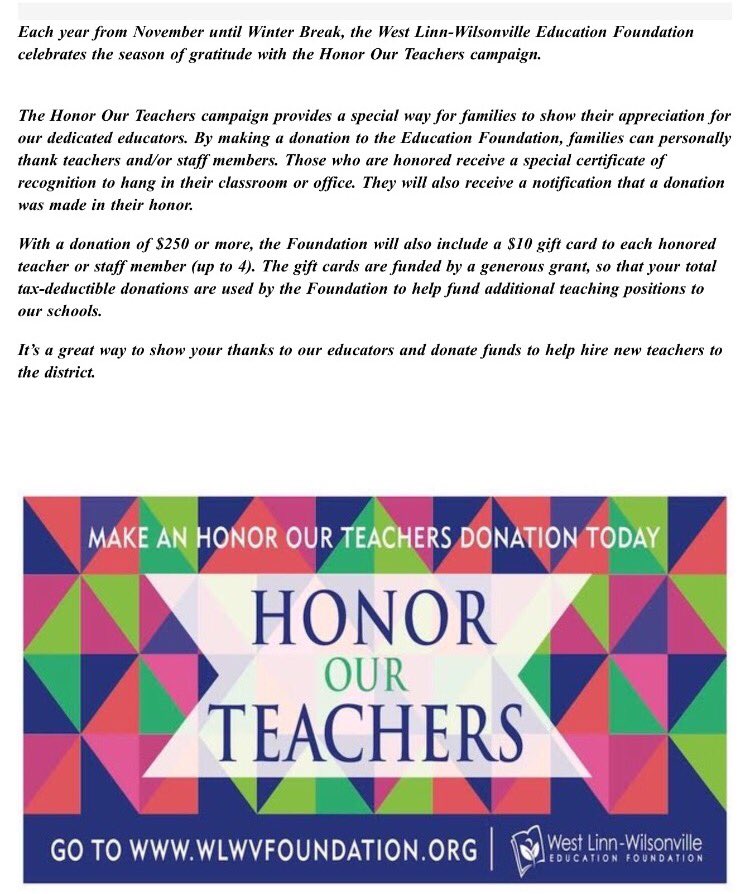 WESTLINN_ASB's tweet photo. Make an honor our teachers donation today! 
Details below! ⬇️⬇️⬇️
Contact @kaliBUTTFARTS with any questions. https://t.co/YNi8iJf70f