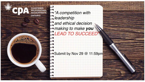 CPARotman's tweet photo. Get your applications for "Lead to SUCCEED" now. Experience with leadership and ethical decisions in a case competition.
Deadline: Wednesday, November 29th at 11:59PM
*Application: https://t.co/uqCnhXUQoE…
Email all submissions to: uoftboa@gmail.com https://t.co/5zKxt3eKWE
