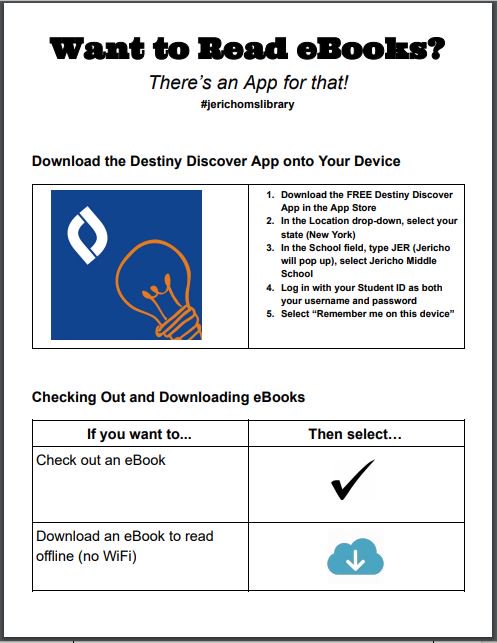 msmignone's tweet photo. Attention JMS! You can read eBooks and audio books for free through our library website. Here's how -->https://t.co/irRBMPZfTN @jerichoms @lindsaybtauber @ELALead @esundb @donald_gately @JMWiener #jerichomslibrary #jerichoms #futurereadylibs @FollettDigital #follettdestiny https://t.co/2ESUW1bLbs