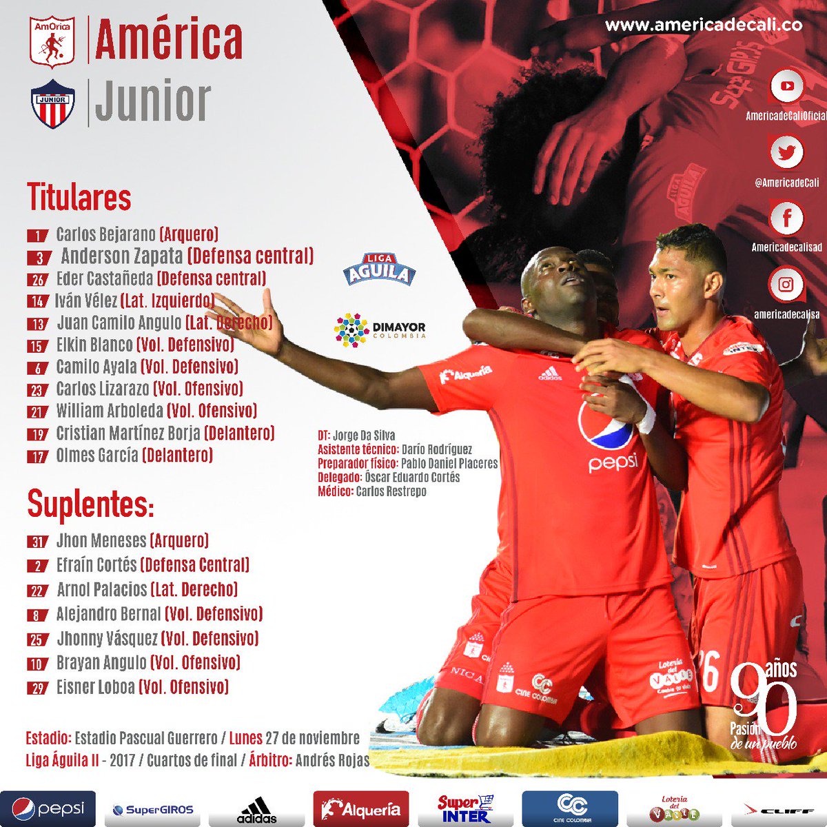 AmericadeCali's tweet photo. Así saldremos esta noche al gramado del Pascual Guerrero para enfrentarnos al @JuniorClubSA en el inicio de los cuartos de final de la @LigaAguila. ¡Vamos con toda en busca de la victoria! #PasiónDeUnPueblo. https://t.co/hFctD8CGnp