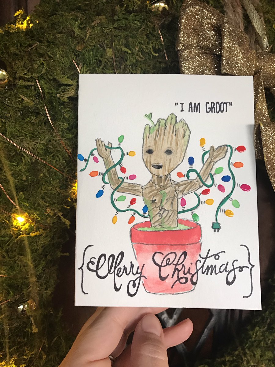 NatalieSpoke's tweet photo. My favorite custom Christmas card to date! #watercolor #custom #IamGroot #GuardiansOfTheGalaxy #GrootandRocket @vindiesel @prattprattpratt https://t.co/fOIqgTOdRV