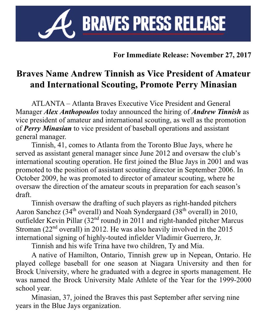 Braves's tweet photo. Braves Name Andrew Tinnish as Vice President of Amateur and International Scouting, Promote Perry Minasian. https://t.co/CqFT7K0vA0