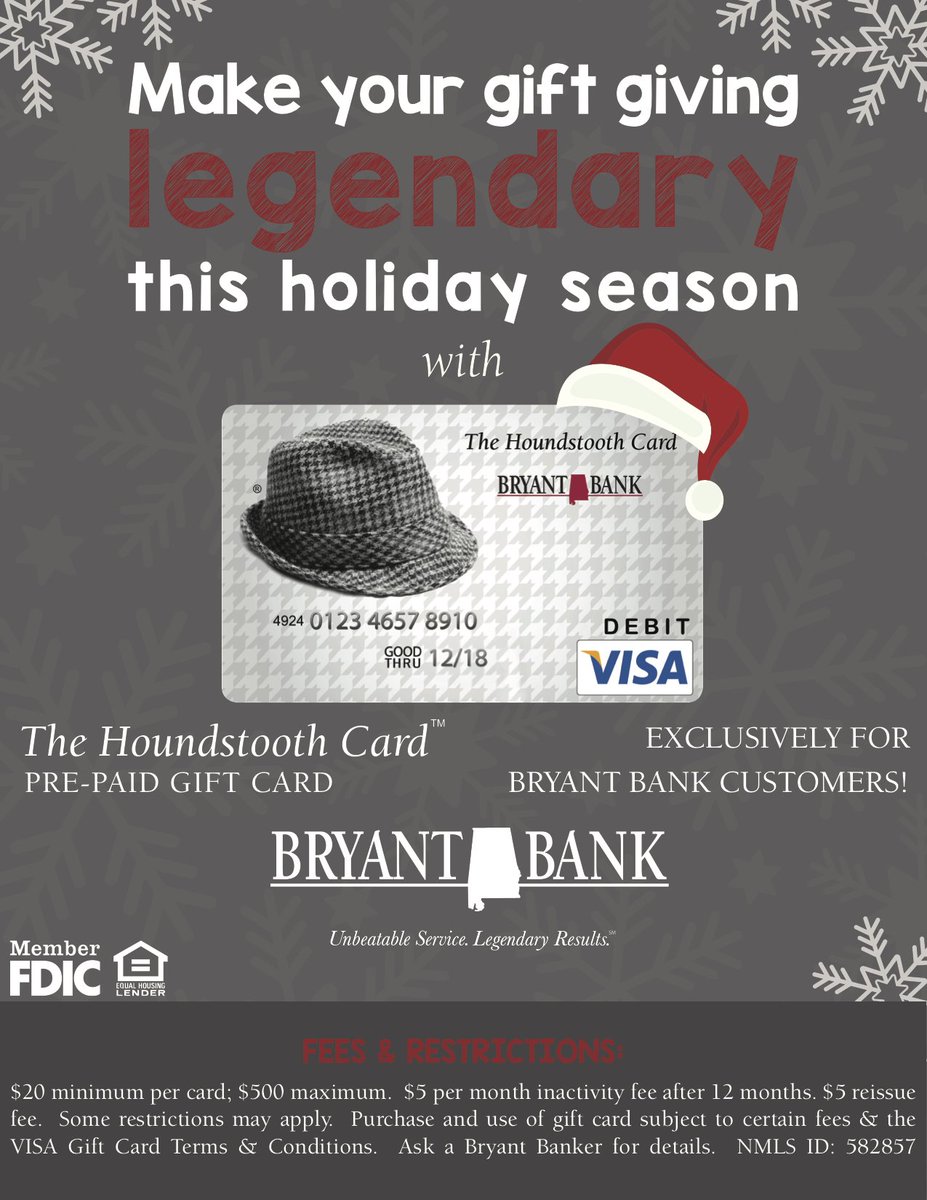 BryantBank's tweet photo. Visit your local #BryantBank to make your gift giving legendary this holiday season with our iconic Houndstooth Card! #Christmas #shopping #gifts https://t.co/t6g1ZuWmZJ