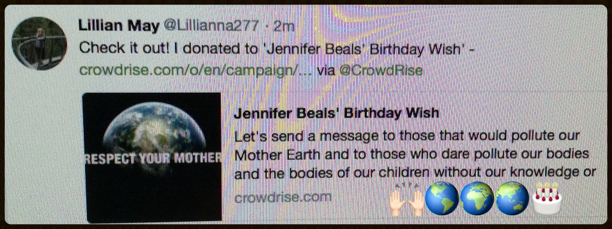 Lillianna277's tweet photo. @jenniferbeals Happy to donate for your birthday.🙌🏻🎂 #CenterForEnvironmentalHealth &amp; #IndigenousEnvironmentalNetwork. https://t.co/HXML5v2xzq