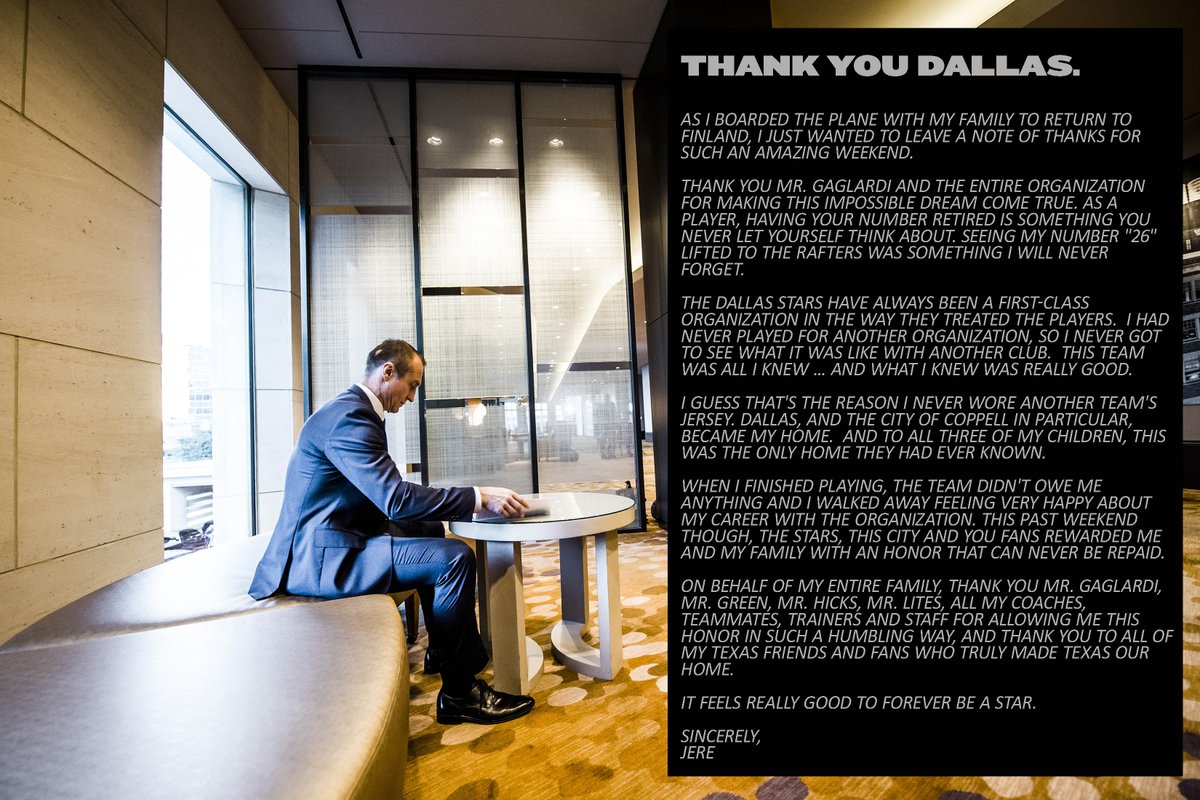 DallasStars's tweet photo. A note from Jere Lehtinen to Stars fans. #GoStars https://t.co/e1R93atF4X