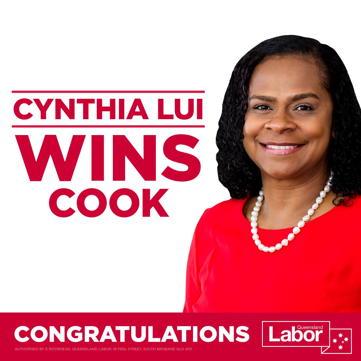 QLDLabor's tweet photo. Cynthia Lui has won Cook!
Cynthia is also the first Torres Strait Islander elected to not only Queensland's Parliament - but to any Parliament in Australia. Congratulations to Cynthia and her hardworking team on this amazing win. #qldpol #qldvotes https://t.co/XjL024Jmif