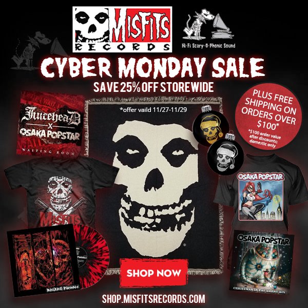 misfitsrecords's tweet photo. Save 25% OFF ALL ITEMS storewide NOW THRU WED 11/29 from The Misfits &amp; Misfits Records + Free Shipping on applicable domestic orders over $100.00. Shop now at: https://t.co/8JbP0rYZ3R &amp; https://t.co/uA5GK6LuYK https://t.co/oy7G0OOHAL
