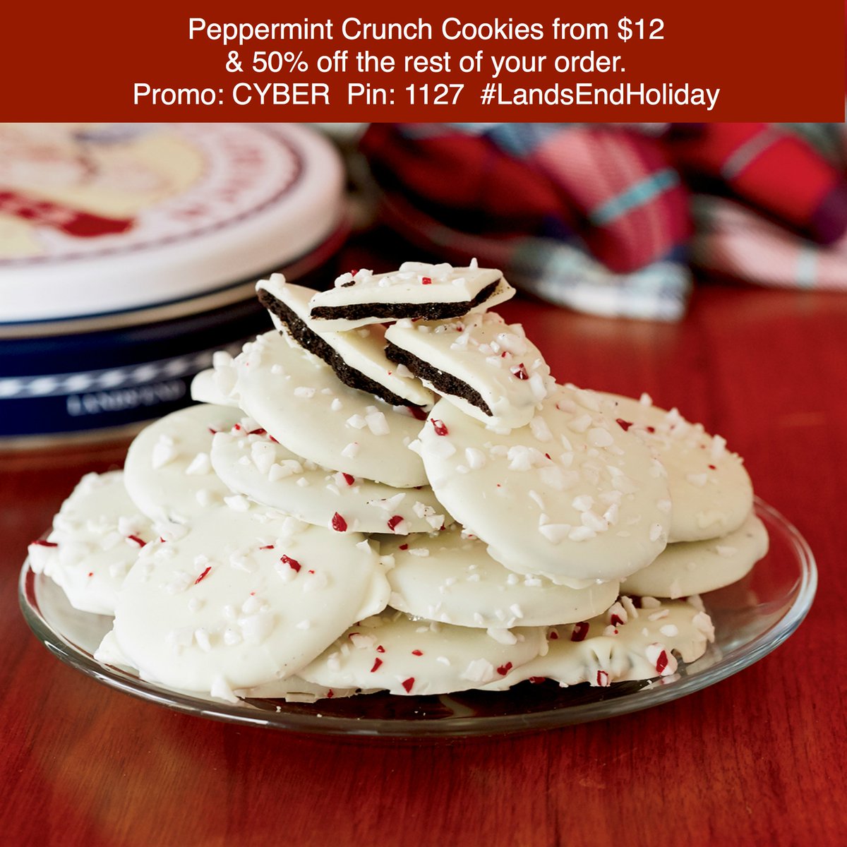 VeraSweeney's tweet photo. NEW DEAL! EXCLUSIVE Peppermint Crunch Cookies from $12 &amp; 50% off the rest of your order. Promo: CYBER Pin: 1127 https://t.co/sfaNTE9vS7 #LandsEndHoliday AD https://t.co/mgkDVWDzsy