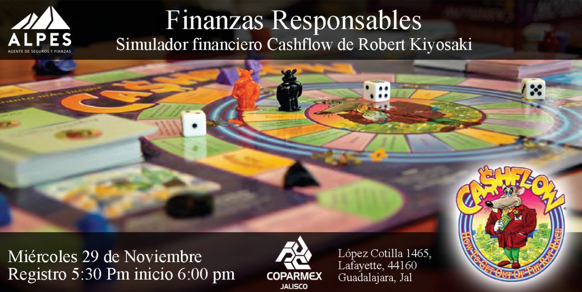 CoparmexJoven's tweet photo. "Te invitamos el próximo miércoles a conocer la metodología de Robert Kiyosaki en Cashflow, nuestro simulador financiero. La cita es en las instalaciones de Coparmex Jalisco en punto de las 5:30 pm. Te esperamos!" https://t.co/R6GcteudTK