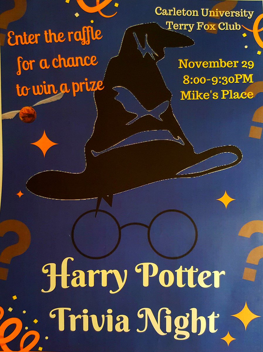 CUTerryFox's tweet photo. Only 2 days until we slytherin to Mike's Place for Harry Potter Trivia night!
$5 raffle tickets to win Dr.Dre Bluetooth speaker!
$1 per ticket / $3 for 5 raffle tickets to win gift cards to Rideau, Starbucks, and Subway!
We promise it will be sirius...
@gsacarleton https://t.co/XUmQiIqyhs