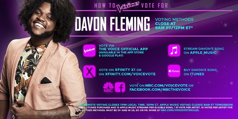 NBCTheVoice's tweet photo. RT if you’re giving @DavonFleming your votes tonight because you have nothing without his voice in the Top 10. #VoiceTop11 https://t.co/9ZMmpGd11F