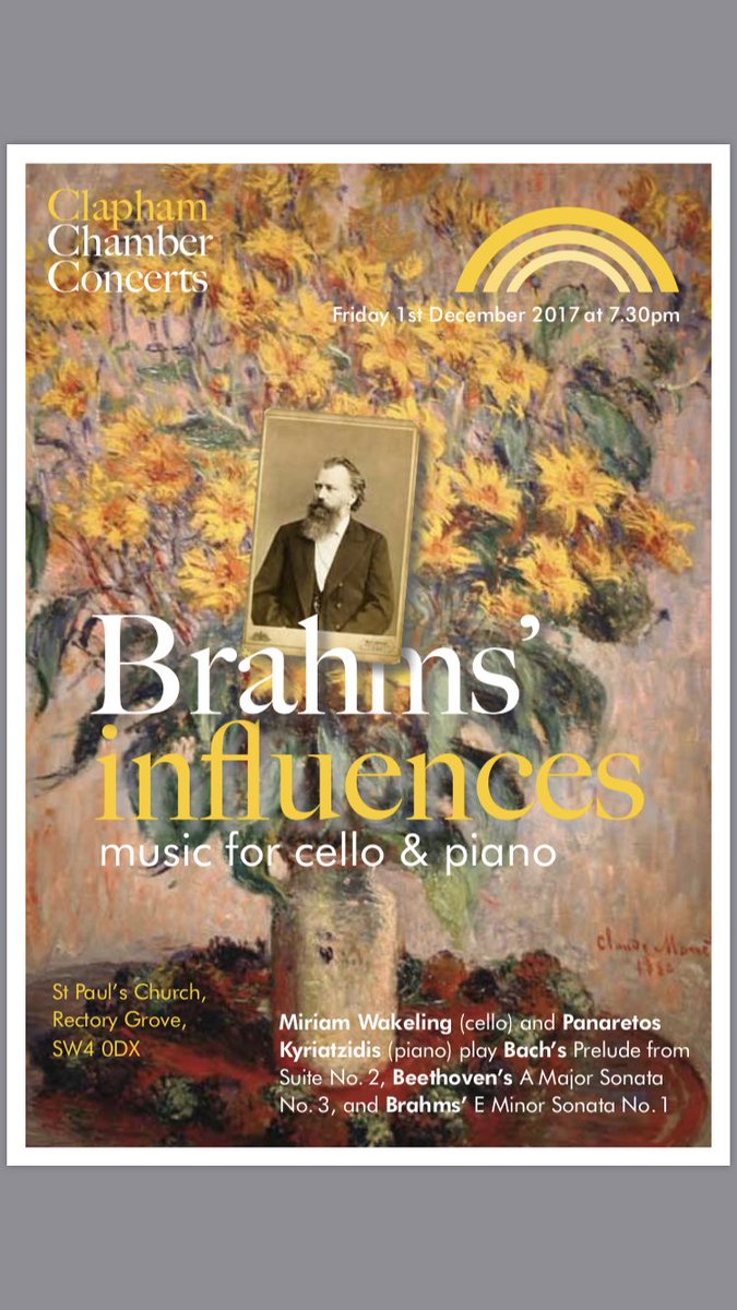 ClaphamConcerts's tweet photo. Next concert this FRIDAY! Cello and Piano and Brahms yum. #diaryit https://t.co/6FxyyabeeH