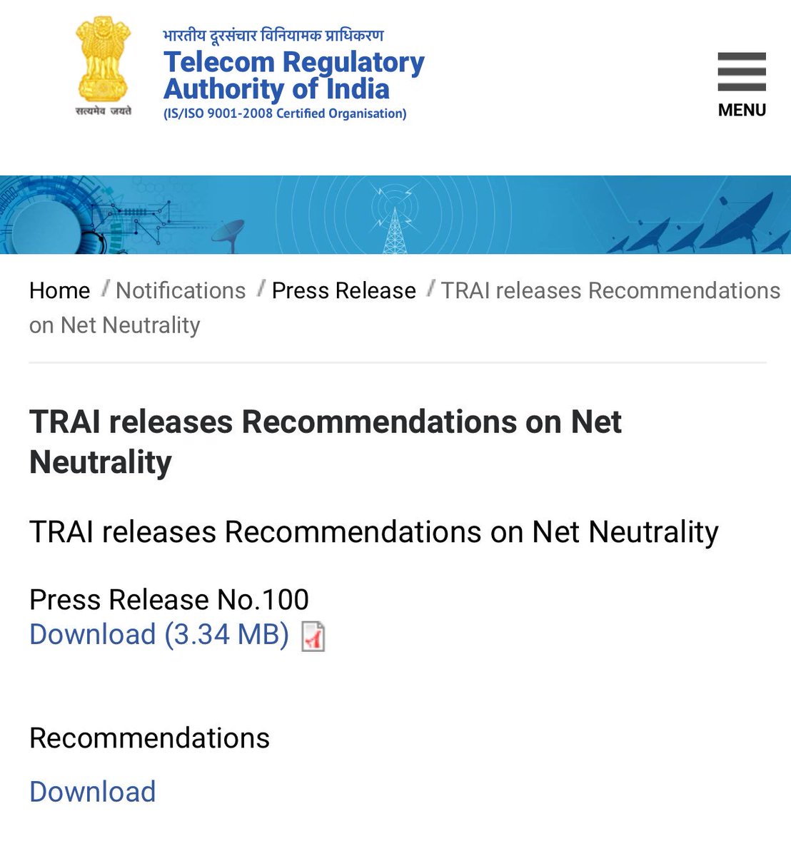 TRAI's tweet image. Recommendations on #NetNeutrality trai.gov.in/notifications/… via @TRAI