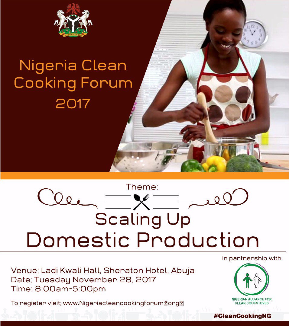 Abuja_Facts's tweet photo. The @FMEnvng in partnership with the Nigerian Alliance for Clean Cookstoves presents Nigeria Clean Cooking Forum 2017.
TODAY, November 28, 2017
VENUE: Ladi Kwali Hall, Sheraton Hotel, ABUJA
TIME: 8.00AM - 5PM
#CleanCookingNG https://t.co/aw1Bh7XH5Y