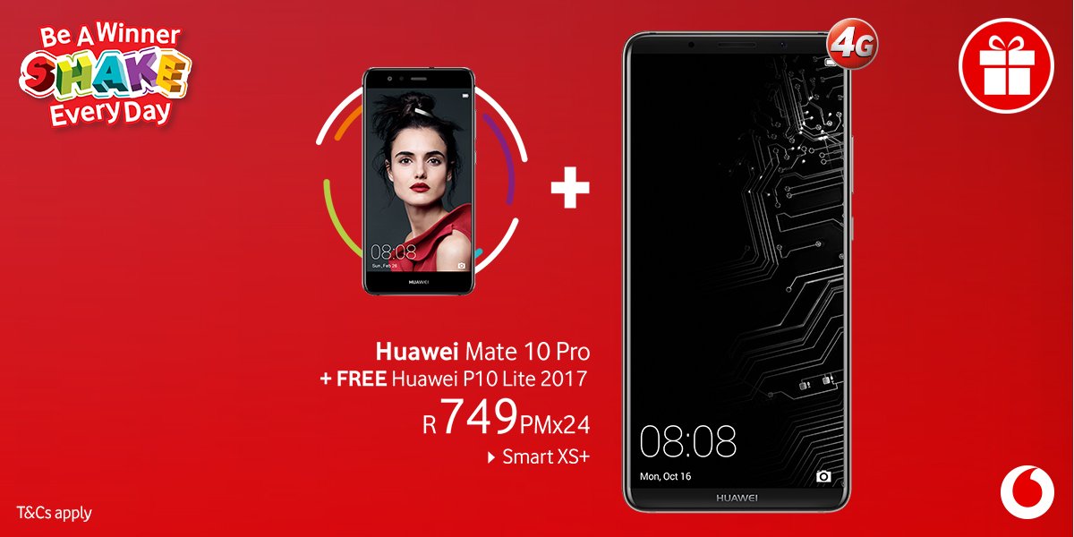Vodacom's tweet image. With a deal like the #HuaweiMate10Pro + @HuaweiZA P10 Lite 2017 + VIP Service… Kuyashisa lana! [It’s hot here] #ShakeEveryDay is giving you a chance to unlock fantastic prizes every day. Simply RT this tweet and you could win. bit.ly/2gOmbYF T&amp;amp;Cs apply