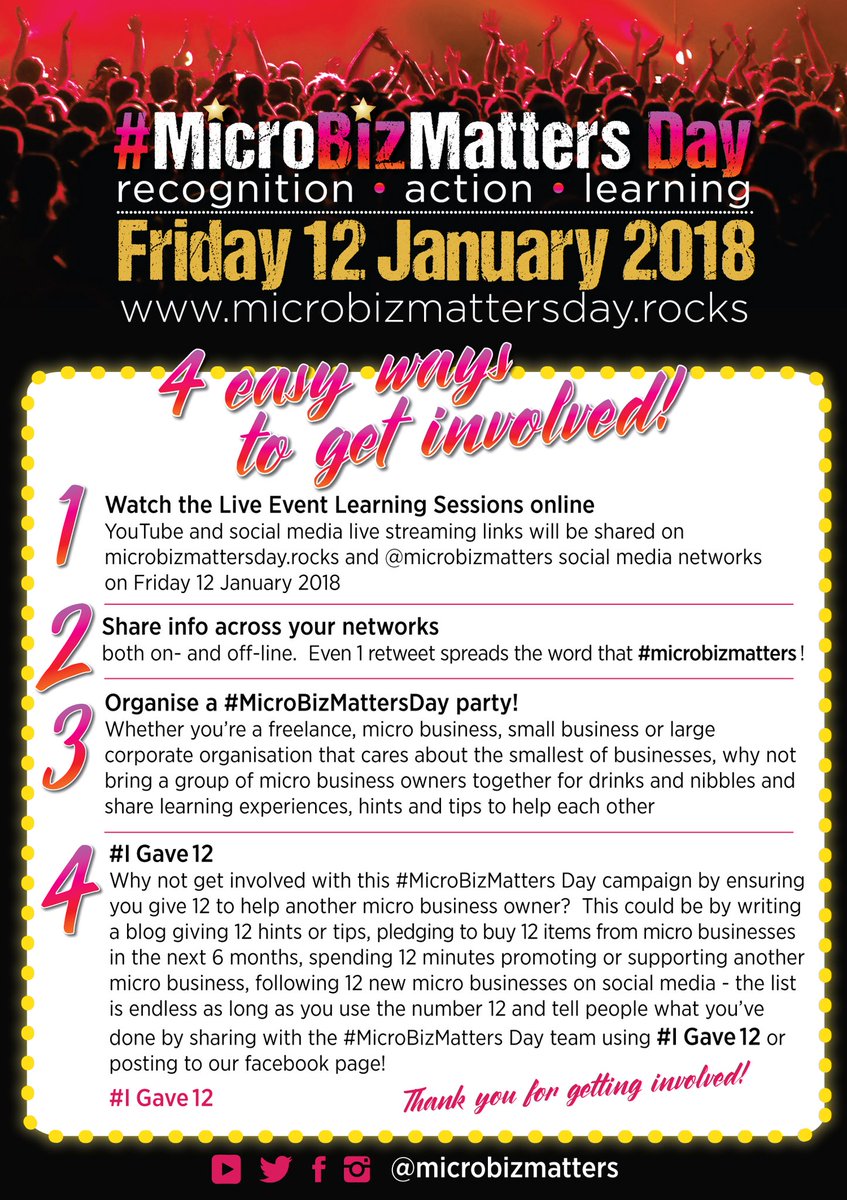 MicroBizMatters's tweet photo. How will you celebrate #MicroBizMatters Day on Friday 12th January 2018 ? Give us a retweet, watch the @YouTube streaming of the live event from @XYZworks_social , throw a party, get a few #MicroBizMates together - what ever you plan to do let us know. https://t.co/xQpWPyBglj