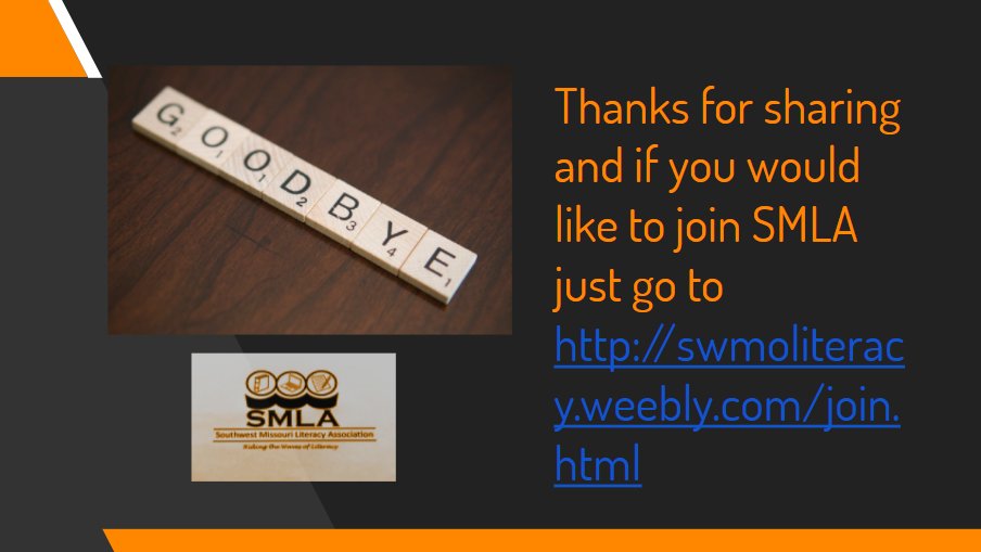 swmo_literacy's tweet photo. We appreciate you taking the time to chat with us tonight! If you'd like to learn more about SMLA go to the site below. Have a great night! #smlachat https://t.co/DD3hr6cdKk