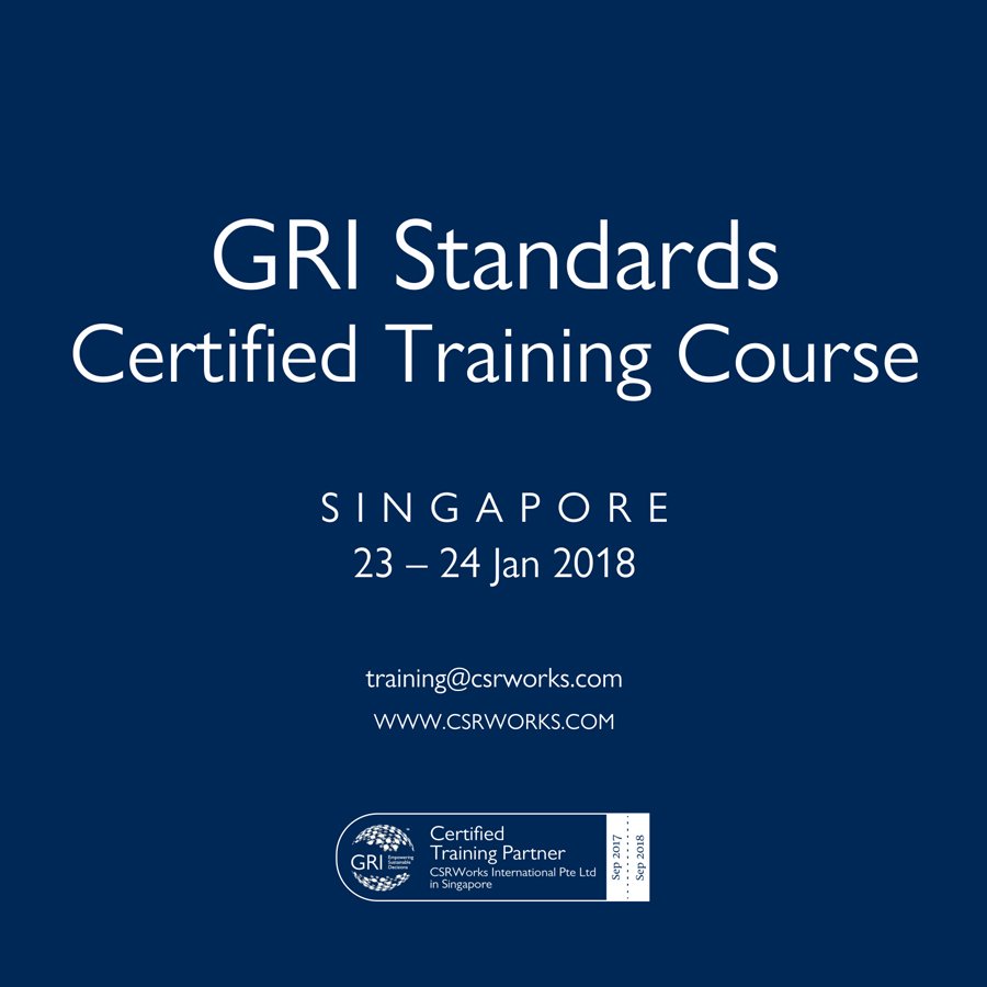 CSRWorks_'s tweet photo. GRI Standards Certified Training Course in Singapore on 23 & 24 Jan 2018. Limited seats! Register now! https://t.co/2JF3wRjOCW #GRI #CSRWorks #SustyReporting https://t.co/CgQJUkyiIR