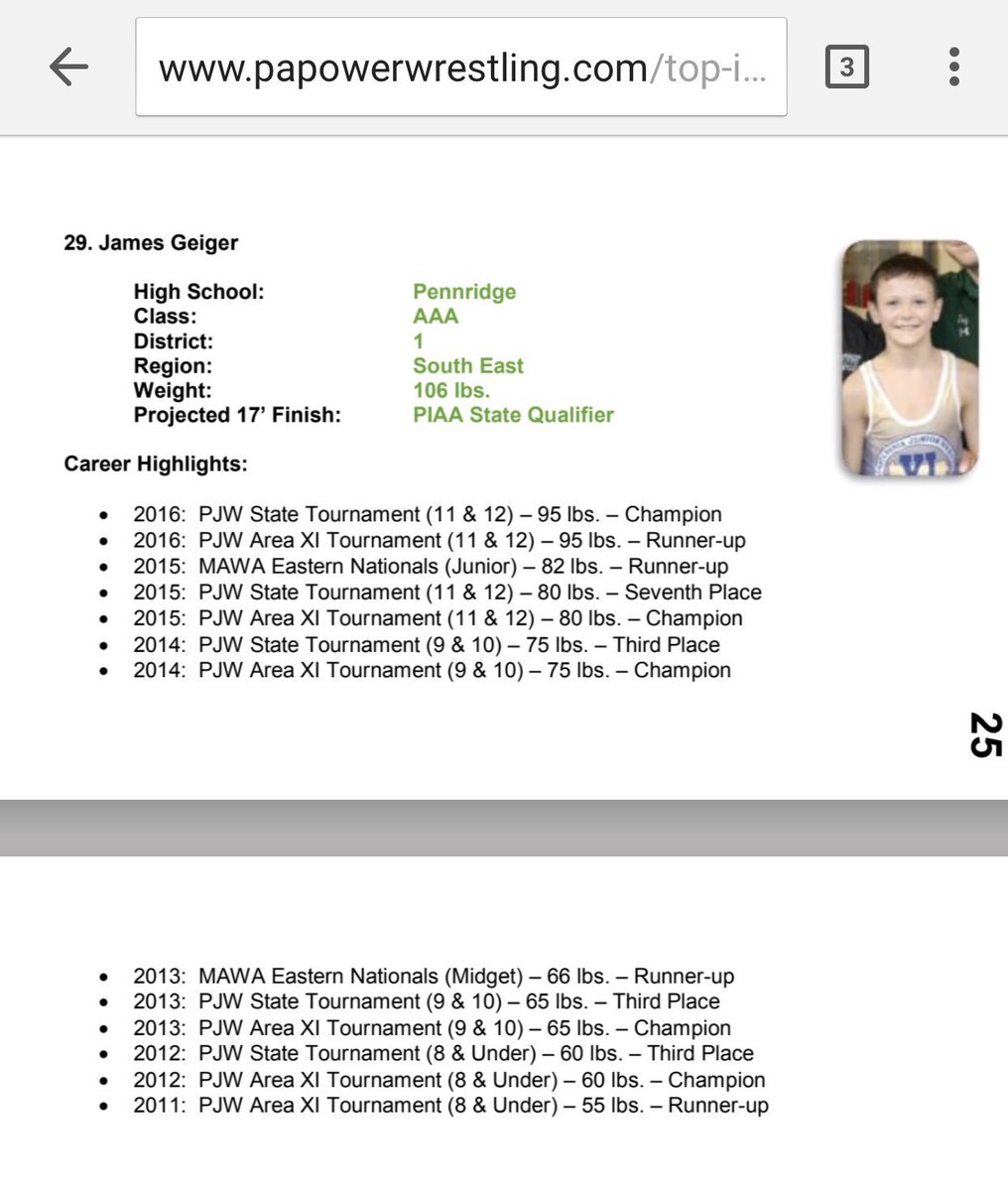 PRWrestlingRams's tweet photo. Congrats to @PWR2016 Freshman James Geiger #29 on @PAPowerWrestle Top 50 Incoming Freshman report @PennridgeHS #pwrpride https://t.co/WM56ndo00k