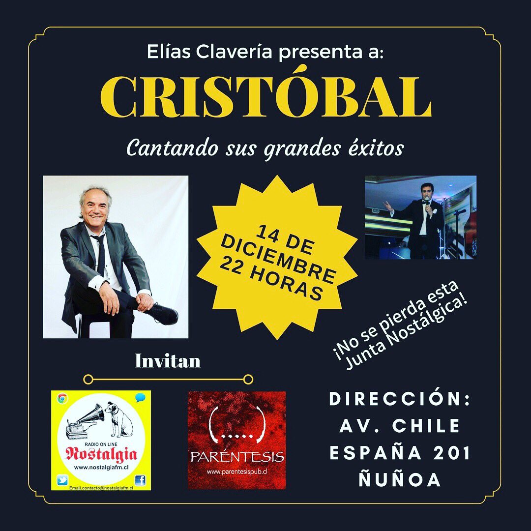 No se pierdan a Cristóbal y todos sus éxitos en su presentación del 14 de diciembre #JuntaNostálgica nostalgiafm.cl/2017/11/27/cri…