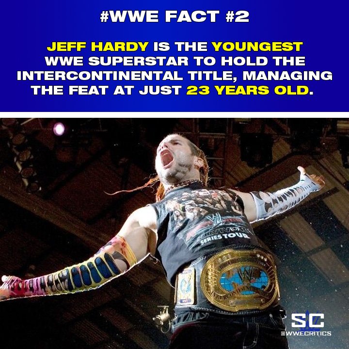 NukemWrestling's tweet photo. Todays #WWEFact.
Jeff Hardy remains the youngest #WWE Superstar to hold the #ICTIlte - managing the feat aged 23 years, 224 days old.
He defeated Triple H to achieve it. https://t.co/gdxngXCCWq