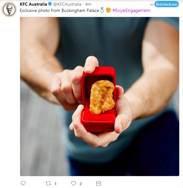 JadeAube's tweet photo. RIP @KFCAustralia social media employee. This is real, see: https://t.co/qWnxzx3ZSH #RoyalEngagement https://t.co/b6HbB5XFcO