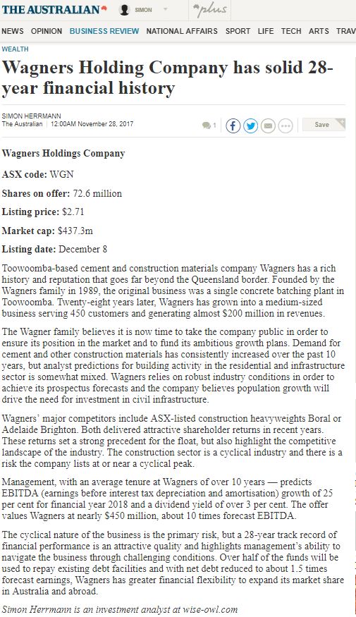 WiseOwlDotCom's tweet photo. Wise-owl analyst Simon Herrmann shares his views on the Wagners IPO in the Australian today:

"Wagners Holding Company has solid 28-year financial history"

Read more here: https://t.co/2ypPhM1NZf #wagners #ipo #asx https://t.co/wQ0LwCoRKj