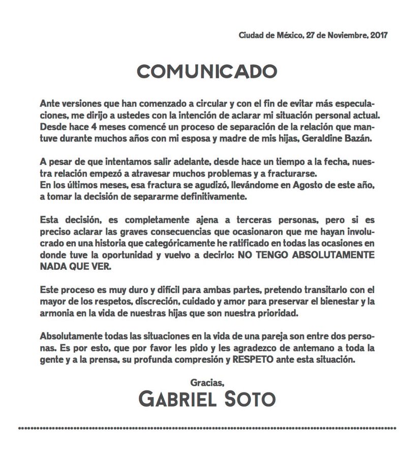 Gabriel Soto Confirma Divorcio De Geraldine Bazan La Nacion