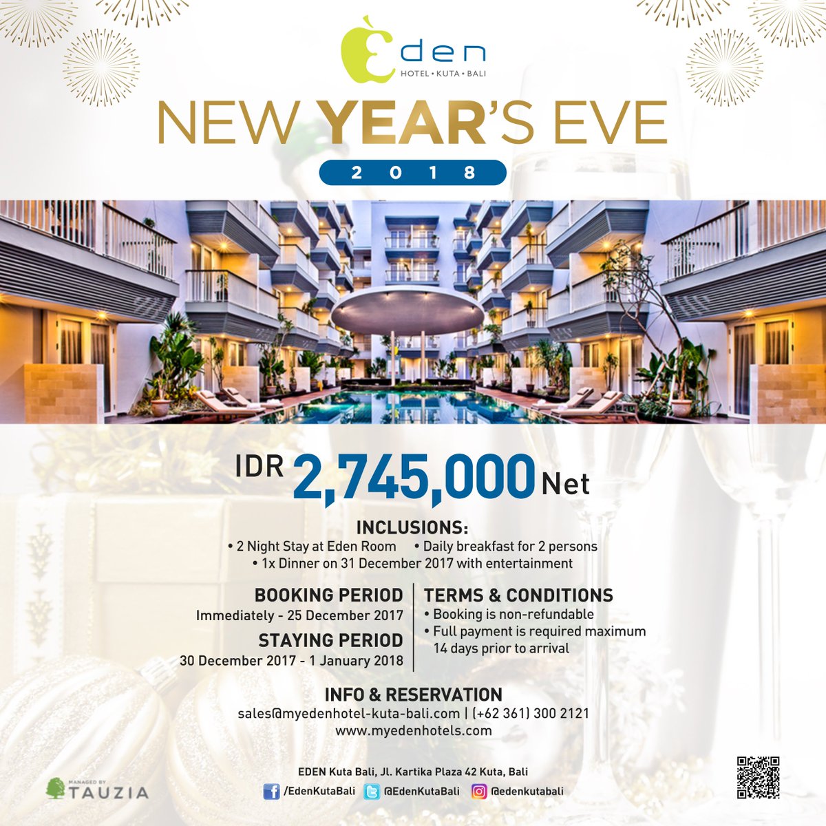 Let’s celebrate your year end holiday with us. Eden is creating a package of new year celebrations for everyone to enjoy. Book yours now!  
#newyearpackage #vacation #picoftheday #bestoftheday #kuta #edenhotelkutabali #back2eden