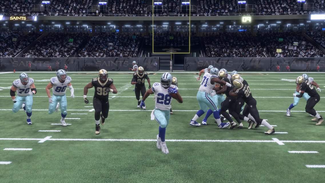 PX1CowboyNation's tweet photo. Holes for days as the #Cowboys rumble for 264 rushing yards against the #Saints. #CowboyNation #PX1Sports https://t.co/1hYysq6LaN