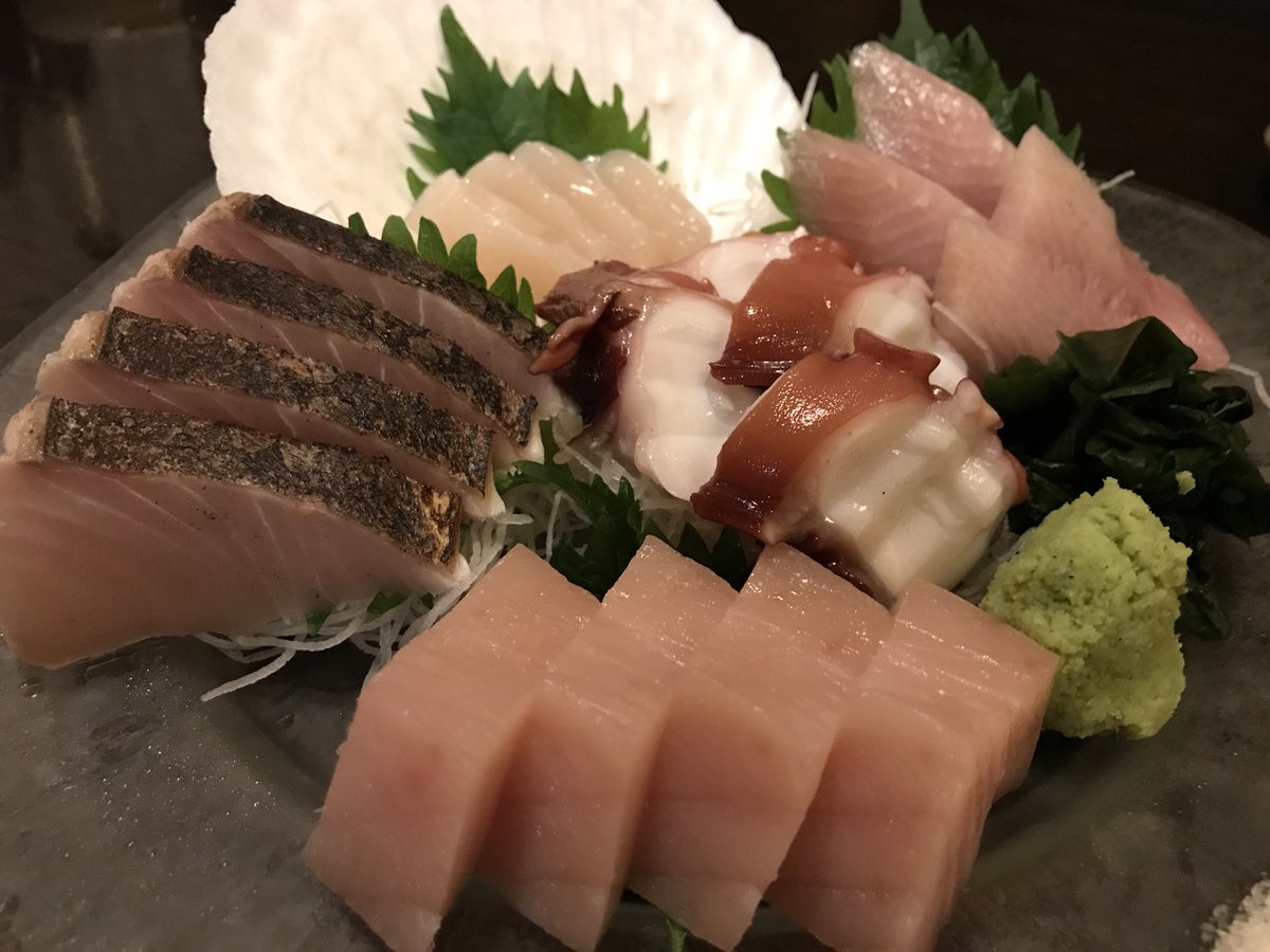 Twitter पर すし居酒屋まんげつ五反田店 お刺身おまかせ5点盛り びんちょうまぐろ 天然ブリ 本鰆 ほんさわら 活〆ホタテ 蛸のぶつ切り
