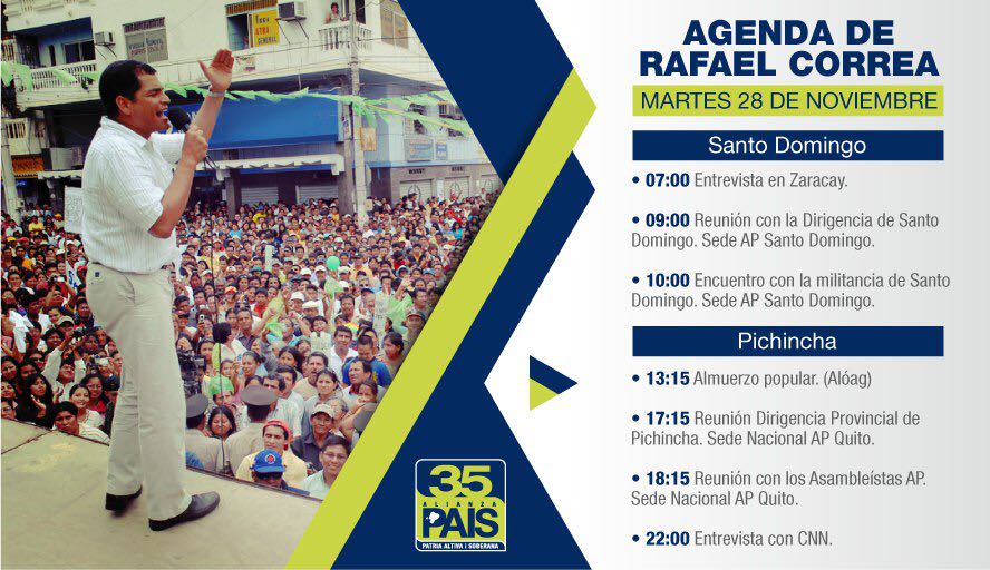 RC5ElOroOficial's tweet photo. Compartimos la agenda de nuestro líder máximo @MashiRafael de este martes, 28 de noviembre #RafaelEsPAIS @CavoZambrano @GabrielaEsPais @35PAIS @RicardoPatinoEC 
¡Hasta la victoria siempre! https://t.co/OvxeMBSpGn