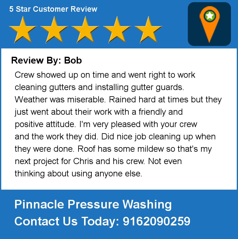 PinnaclePressur's tweet photo. Review By: Bob Crew showed up on time and went right to work cleaning gutters and installing gutter guards. Weather https://t.co/v6AeahscPF