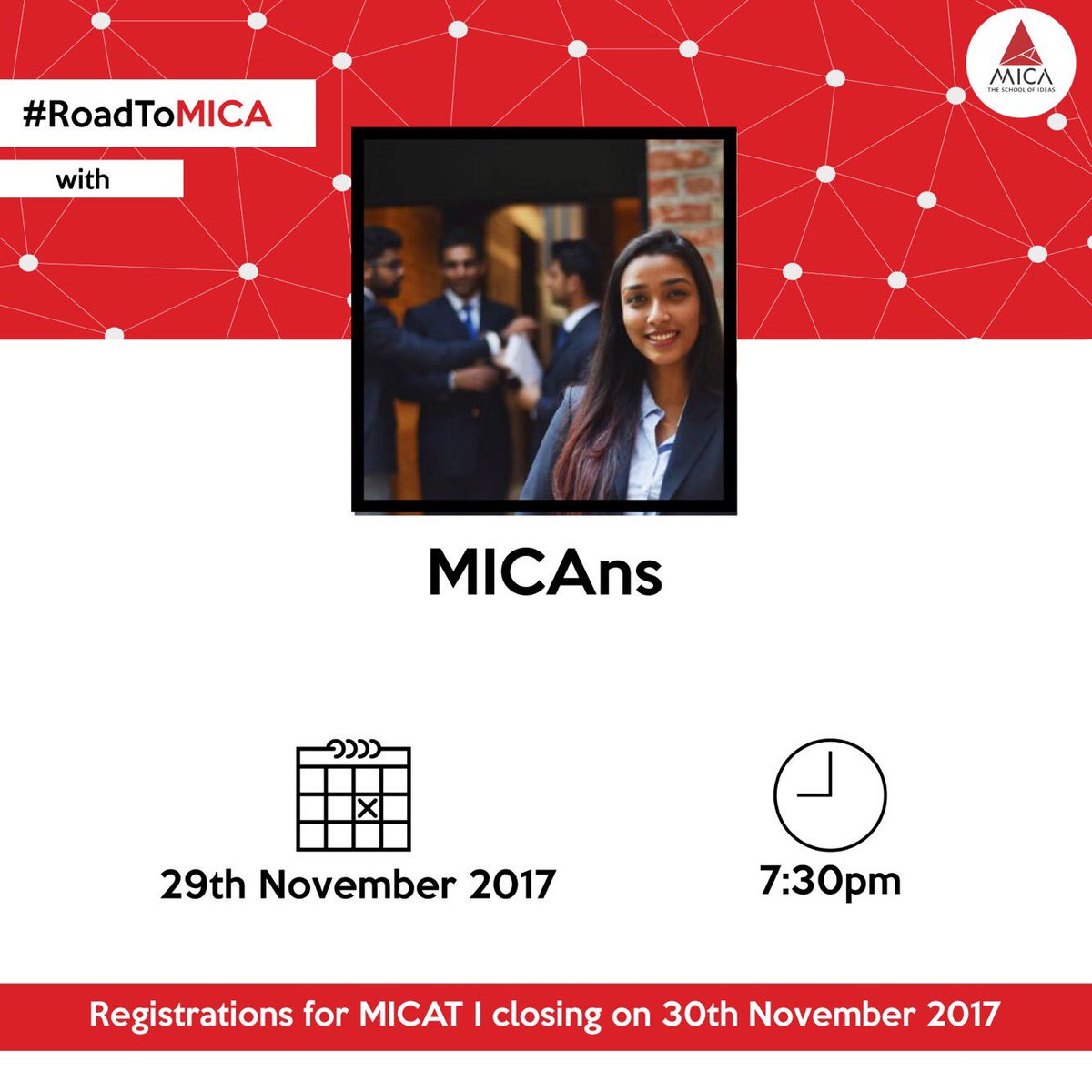 MICA_Ahmedabad's tweet photo. Get ready for #RoadToMICA session 2 with MICAns on 29th November, 2017 at 7:30 PM. Join the Official Discussion Group 2018 to listen to what MICAns have to say about MICAT and life at MICA. https://t.co/hV0wraIV4N