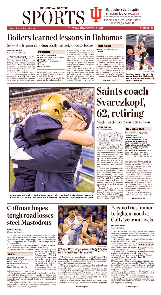 The retirement of Dwenger coach Chris Svarczkopf is featured on the front page of today's sports section.