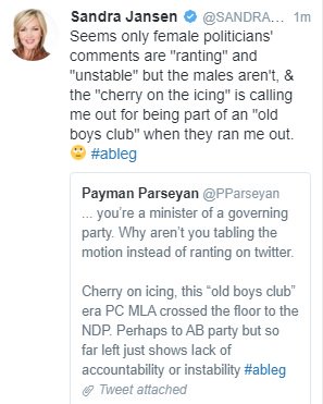 CoryBMorgan's tweet photo. Seriously Sandra. Are you capable of answering anything without playing the female victim card? 

His tweet wasn't nice but had utterly nothing to do with gender. 

Starting to look pathetic &amp; attention seeking 

Not because you are a woman. Because you are acting pathetic #ableg https://t.co/x5VAmaovlK