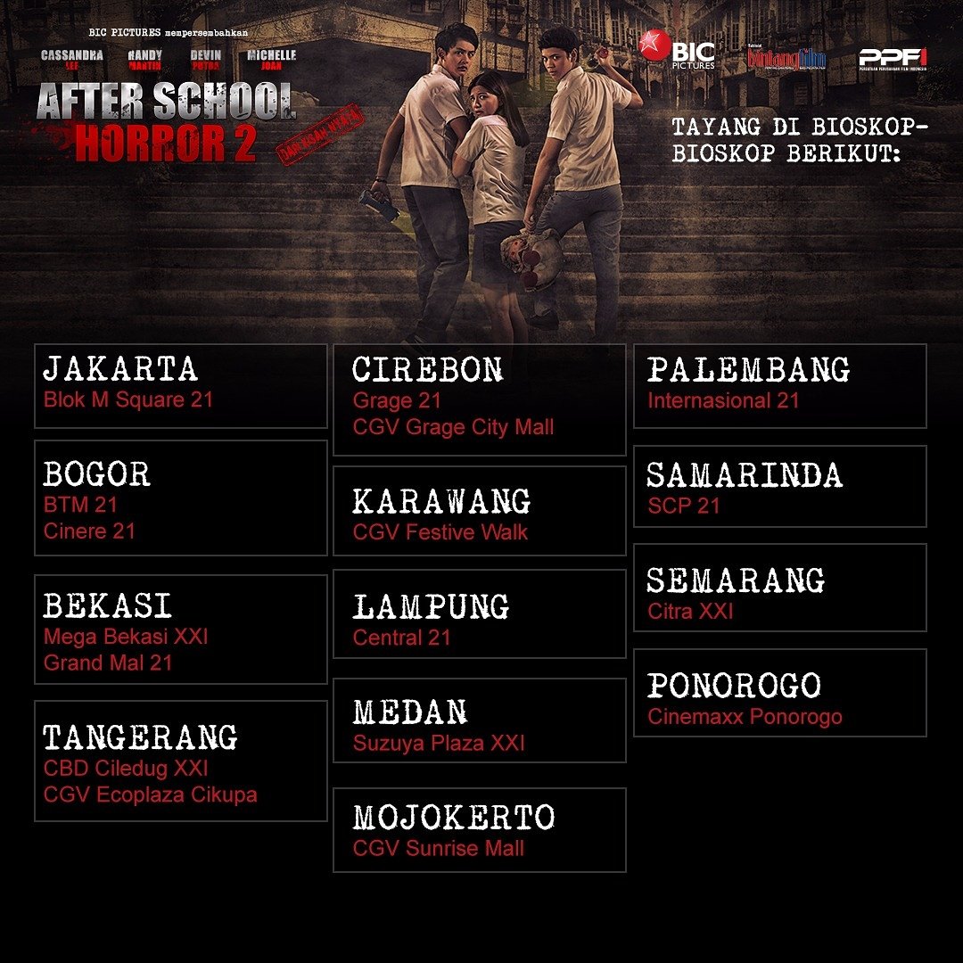 [UPDATE] #AFTERSCHOOLHORROR2 masih ditayangkan di sederet bioskop ini.

Yang belum nonton, kalian harus nonton sekarang karena arwah Sumarni tidak sabar untuk bertemu kalian. 👻
