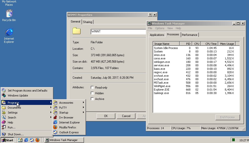 m8urnett's tweet photo. This pretty much sums up what I miss most about Win2k:
- 407MB C:\Winnt directory
- 14 processes running
- 48MB RAM used. 
- Usable Start Menu https://t.co/8LTPReBtAg
