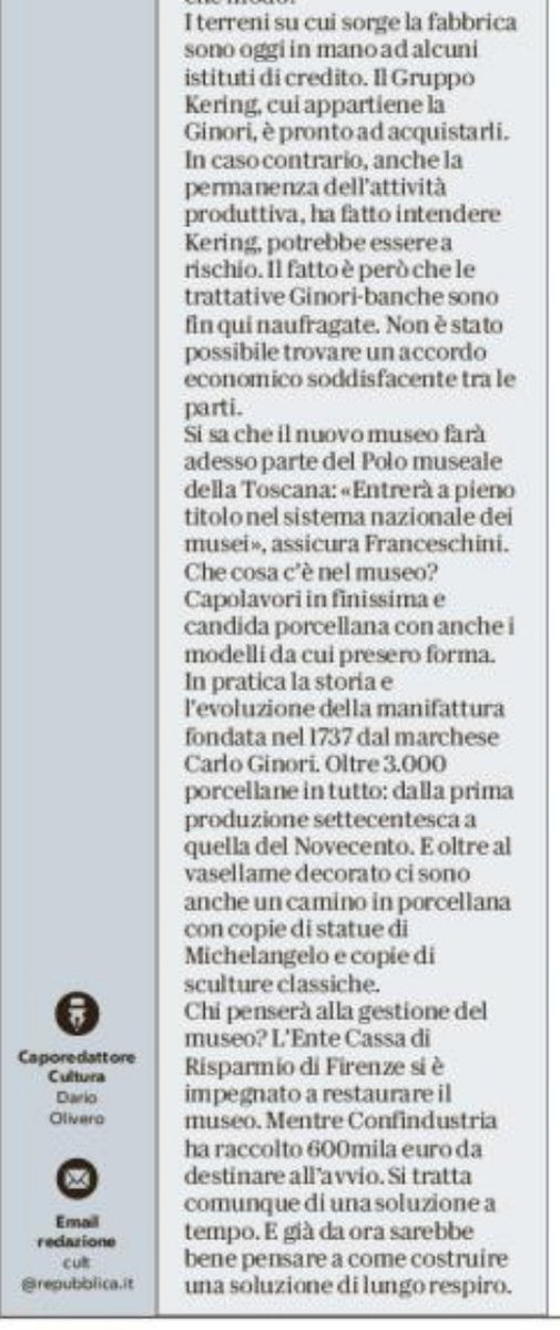 roma7maggio's tweet photo. "Non solo perché entro 120gg dovranno essere cedute al ministero anche le collezioni e gli allestimenti museali della #RichardGinori(...).Ma soprattutto perché,accanto al museo c'è la fabbrica,che si trova ancora in bilico. E non può dirsi ancora salva"
#MassimoVanni @repubblica https://t.co/9n5Ztvpwwx