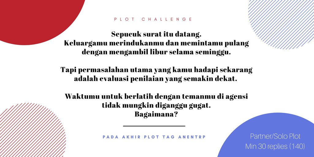 ANEntRP's tweet photo. #PLOTCHALLENGE 28 Nov - 5 Des 2017
Untuk plot casting, hanya bisa diambil oleh trainee major model atau akting.
Cukup pilih salah satu dari 3 plot challenge yang tersedia.
Perhitungan minimal replies adalah 140 karakter. Kalau menggunakan 280, tinggal dibagi 2.
Fighting! https://t.co/XQf7xr512C
